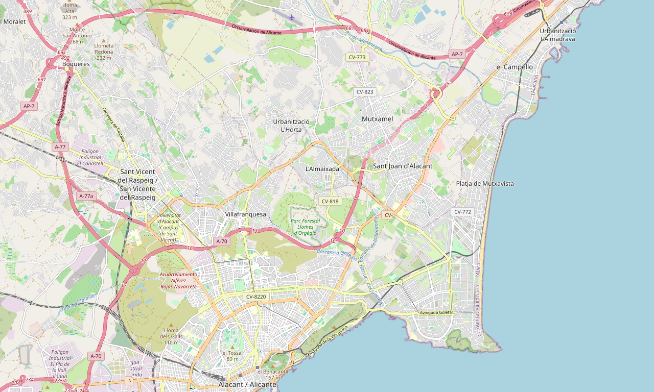 Plano de Mutxamel y su conexión con Alicante, la costa, la AP-7 y la A-70