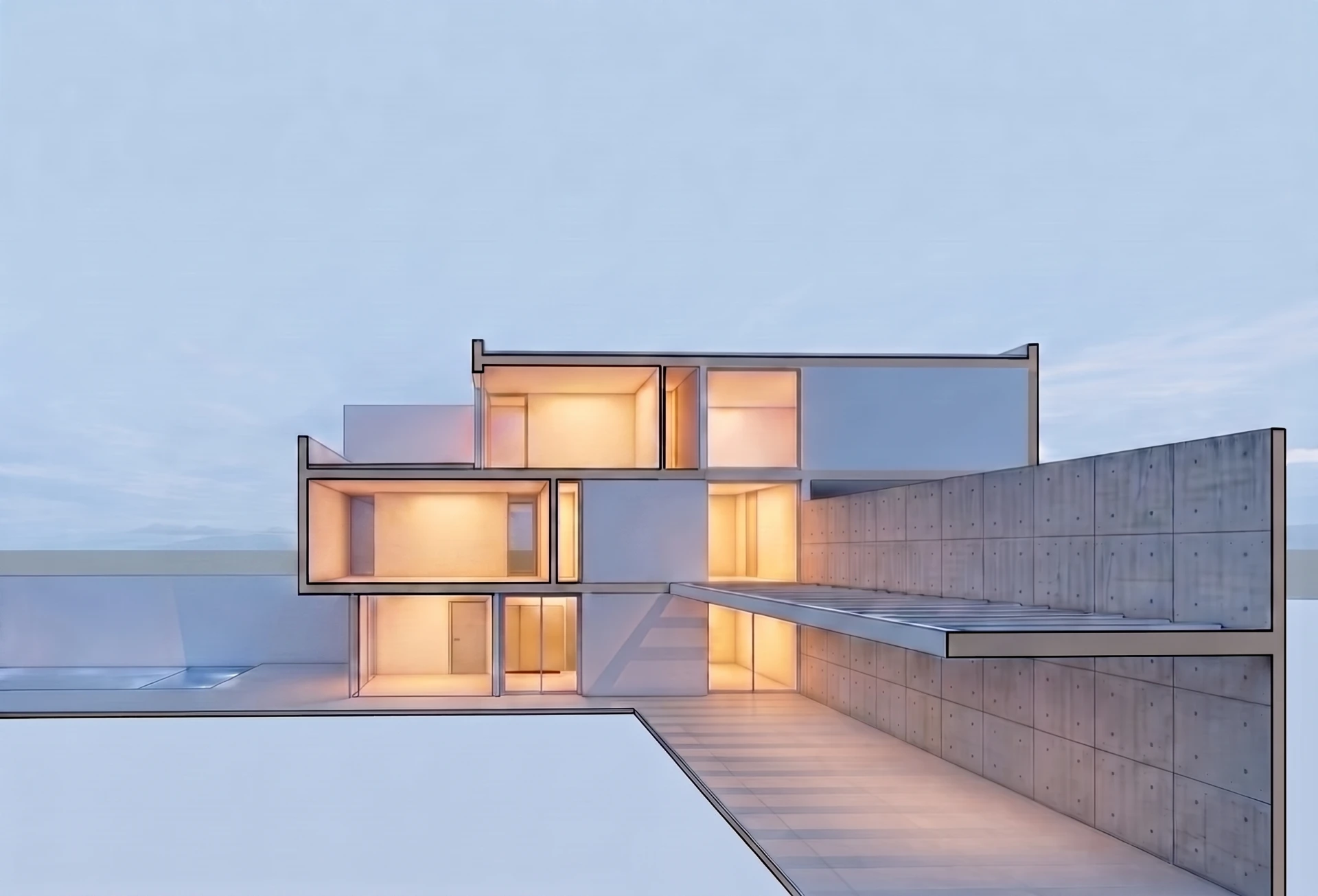 Piscina privada y exterior de la vivienda al atardecer en La Delicia